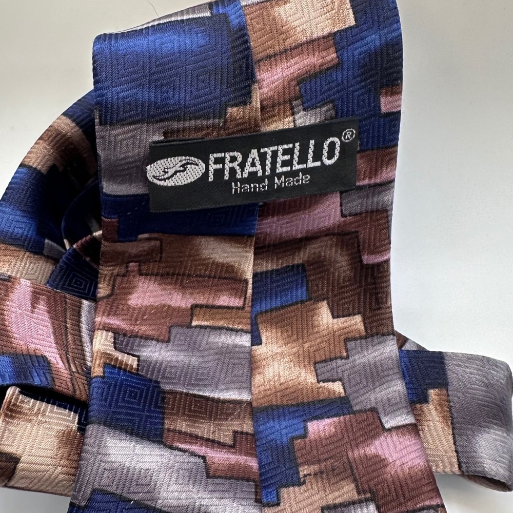 Fratello Necktie Blue Brown Abstract Geometric Pattern Silk Blend Tie - Picture 11 of 12